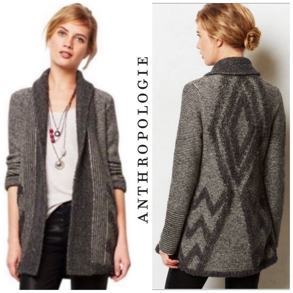 Anthropologie Angel of the North Textured Wool Blend Chevron Open Front Cardigan - Picture 10 of 10